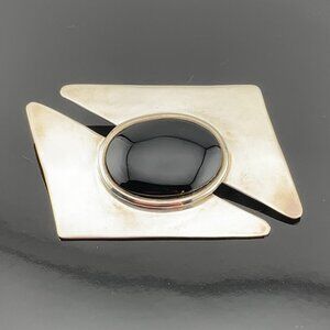 80's Vtg Modernist TAXCO Black Onyx Mexico TS 76 Brooch Pin Sterling Silver J543